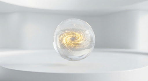 A golden sphere of light suspended above a pedestal — the Akarmis vision of quiet, powerful technology