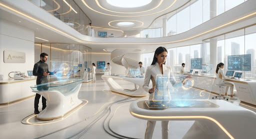 People working alongside intelligent systems in a bright workspace