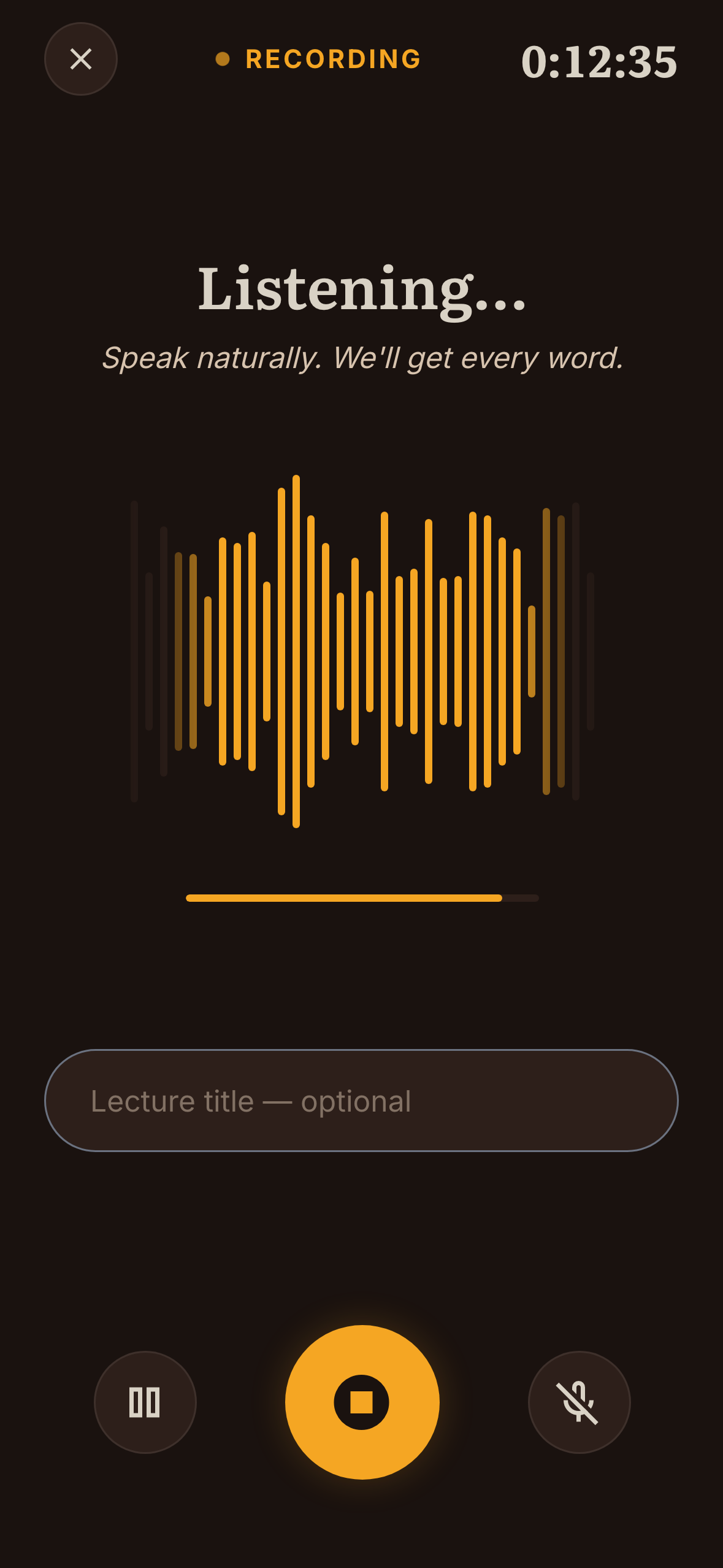 Lumera recording a meeting — live waveform, speak naturally, we'll get every word