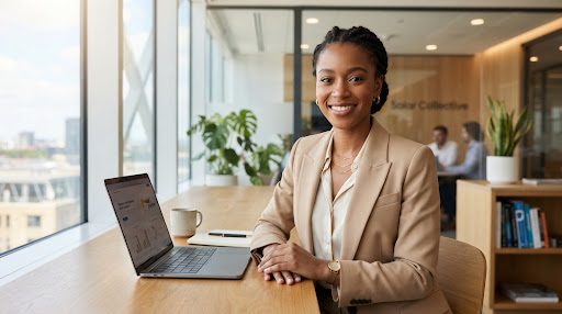 An administrator at her desk, laptop open, in a warm office
