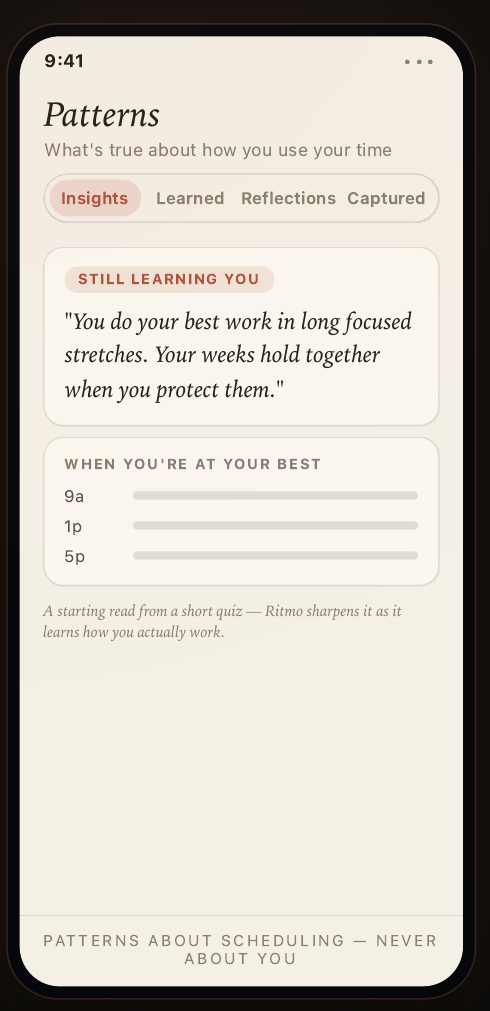 Ritmo Patterns — 'still learning you', when you're at your best, patterns about scheduling never about you