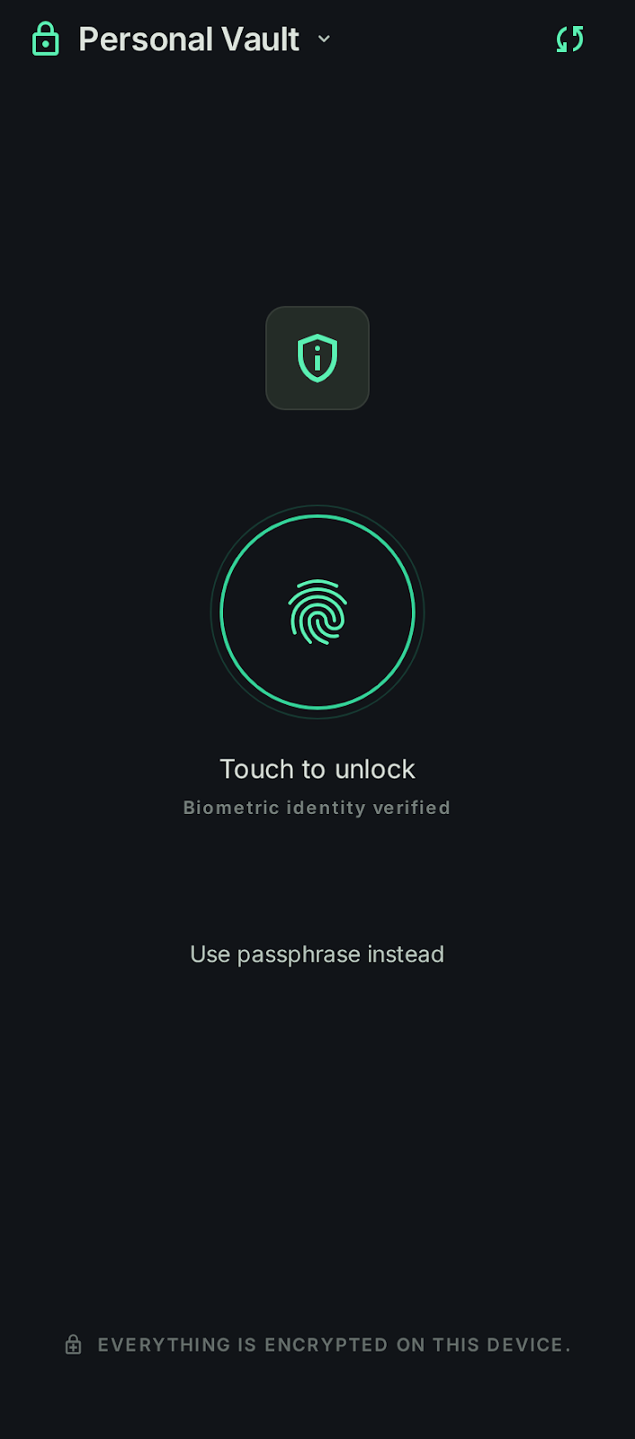 Vault unlock screen — touch to unlock, biometric identity verified