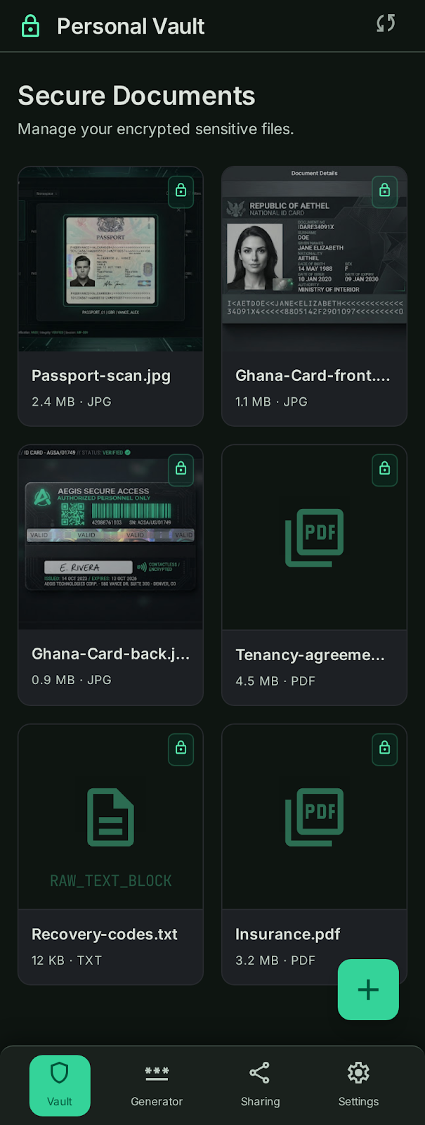 Secure Documents — encrypted Ghana Card, tenancy agreement, recovery codes