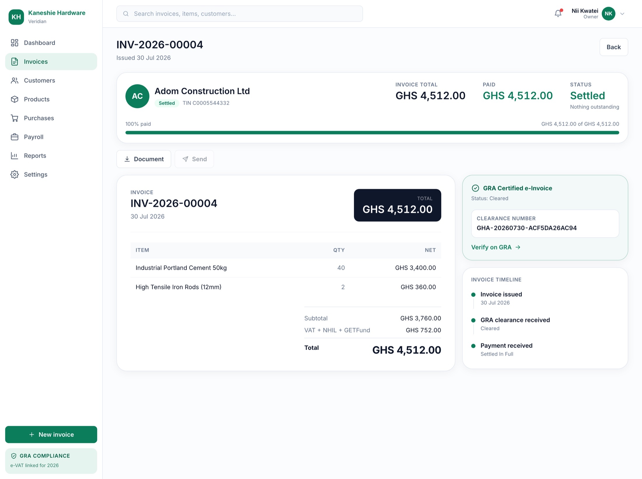 A settled Veridian invoice showing GRA clearance number, verification link and payment timeline