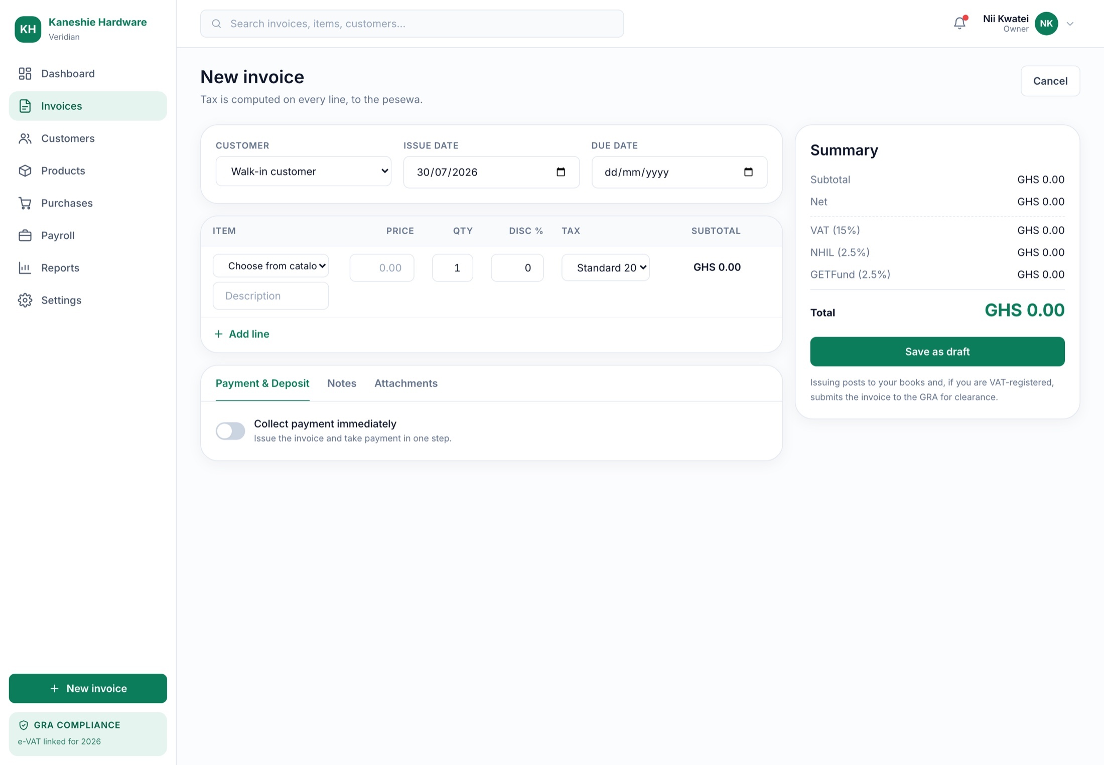 Building a new invoice in Veridian with live VAT, NHIL and GETFund computed as you type