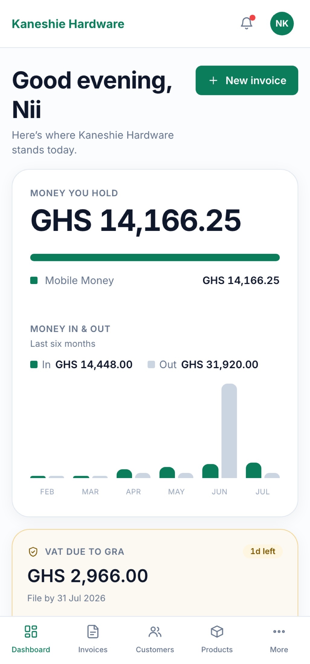 Veridian on a phone — money you hold, money in and out, and VAT due to the GRA
